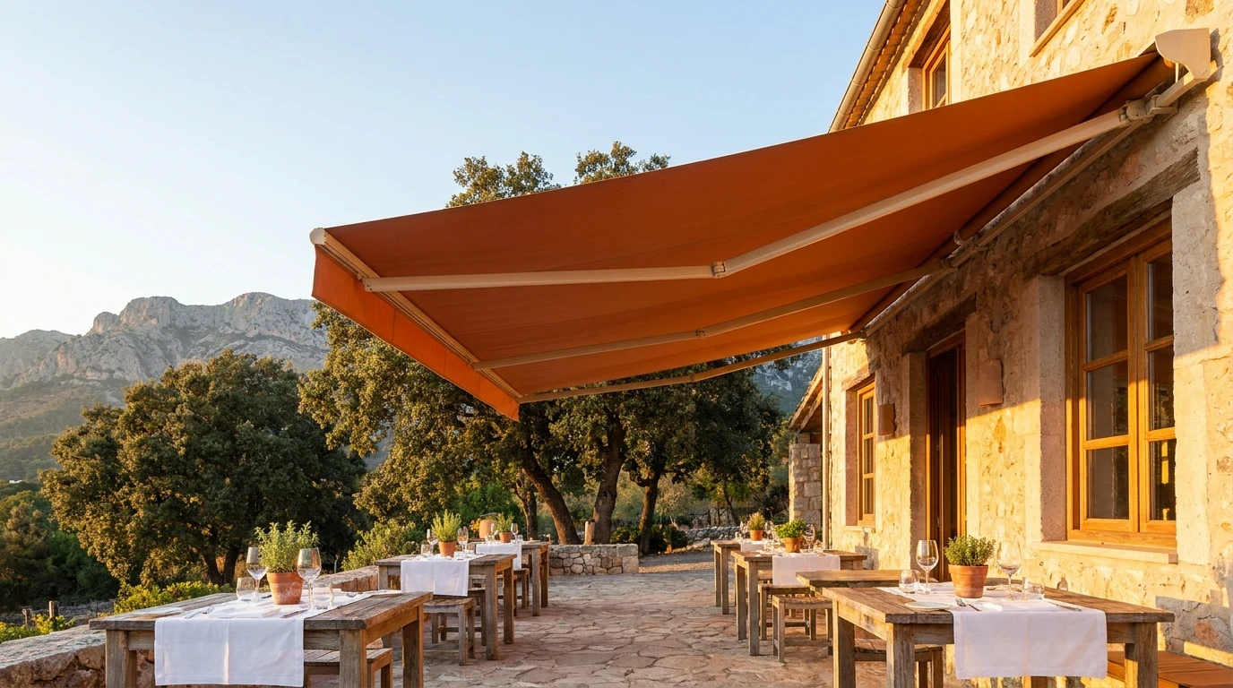 Folding-arm awning fully extended over a wide stone terrace at a Franschhoek guest house, oak trees and mountains behind, table settings beneath