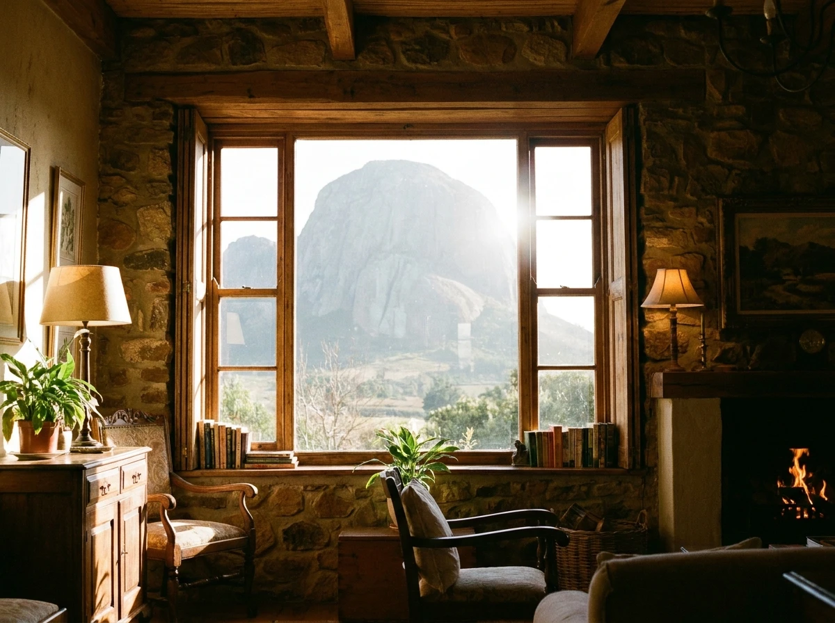 View from inside a home near Paarl through a large window toward the granite dome of Paarl Rock in the distance, warm interior light meeting bright exterior glare