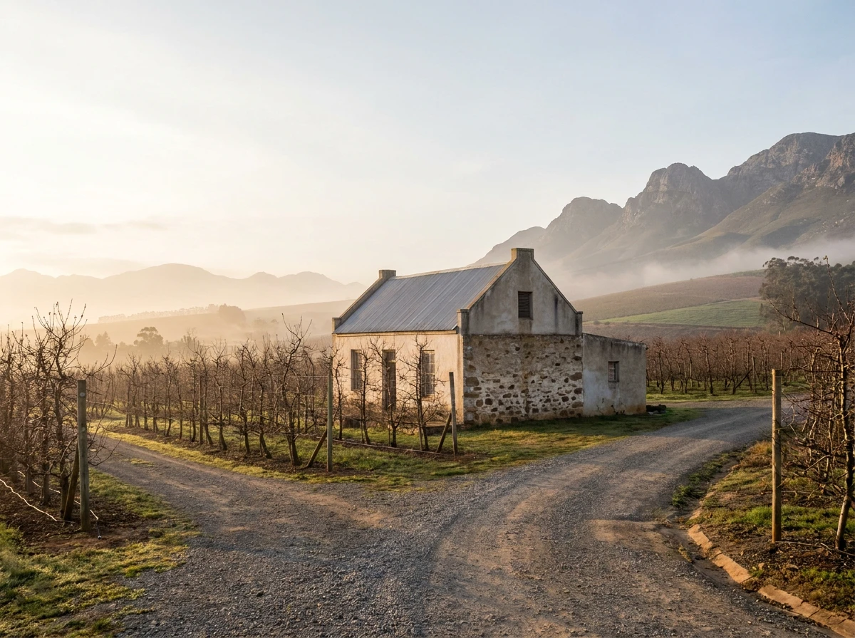 Small farmhouse cottage among fruit orchards near Simondium on the road to Franschhoek, distant mountains, soft morning light